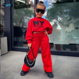 Pajamas Qunq Autumn Winter Girls O Neck Long Sleeve Letter Print Top Wide legged Pants 2 Pieces Set Casual Kids Clouthes Age 3 T 8T 230628