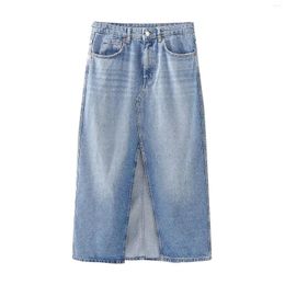 Skirts European Fashion Ladies High Waist Denim Washed Scratched Jupe Femme 2023 Women A-Line Jean Split Elegant Long