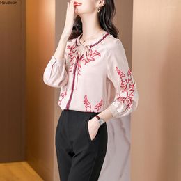 Women's Blouses Satin Loose Women's Fashion Casual Long Sleeve Top Embroidery Bow Tie Summer