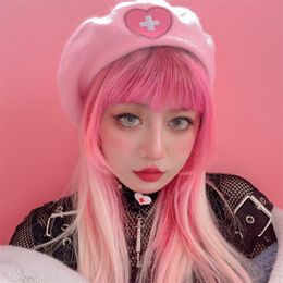 Berets Pink Girl Beret Japanese Cute Harajuku Y2K Sweet Heart Love Cross Embroidery Women Hat 230629
