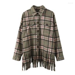 Women's Blouses Cross-border Amazon European And American Women's Clothing 2023 Fall Hem Fringe Plaid Shirt Jacket Blouse Women