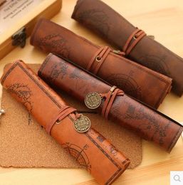 Bags 4Pcs Retro Treasure Map Pencil Case Leather PU High Capacity Pluggable Cosmetic Bag Roll Pen Bag Stationery Supplies