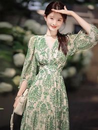 Dress Designer Fashion Flower Print Spring/Summer 2023 Long Sleeve Loose V-Neck Beaded Dress Monochrome S-XL Casual Dress green