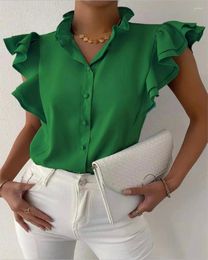 Women's Blouses V Neck Ruffles Petal Short Sleeve Solid Color Women Spring Summer Shirt Blouse Sexy Casual Top Button
