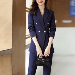 Women's Two Piece Pants 2023 Female Blue Blazer Women Pant Suits Ladies Work Business Office Uniform Style