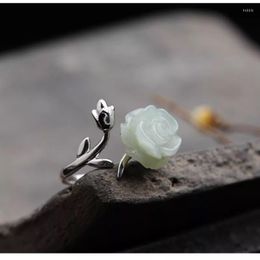 Cluster Rings 925 Pure Silver Ring Women Natural And Tian Baiyu Rose Carving Open Jade Fashion Personality Temperament Jewellery