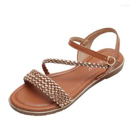 Sandals Weave Roman Big Size PU Slippers TPR Sole Leather Boots Flip-flop Print Pumps Girls Flat Shoes Footwear BM055