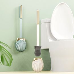 Toilet Brushes Holders Long Handle Silicone Flat Toilet Brush with Shell Shape Holder Dead Corner Cleaning Punchless Bathroom Accesories Sets Tools 230629