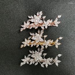 Hair Clips SLBRIDAL Prong Setting Clear Cubic Zirconia Flower Wedding Clip Barrettes Bridal CZ Headpiece Accessorie Women Jewellery