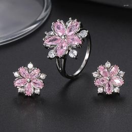 Necklace Earrings Set Pink Flower Zirconia Romantic Bridal Ring Jewelry For Women Wedding Dinner Dress Birthday Gift