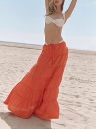 Skirts Women S Tiered Long Drawstring High Waist Solid Color Summer Flowy Swing Ruffle Full Circle Boho (Apricot S)
