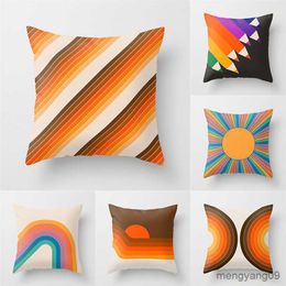 Cushion/Decorative Vibrant Orange Rainbow Sunset Print Cover Abstract Geometric Lines Cover Sofa Car Office Cushion Cover Home Decor R230630