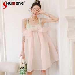 Casual Dresses French Style Pink Ruffled Diamond Grenadine Strap Bubble Dress Fairy Heavy Industry Rhinestone Bow Waist For Women