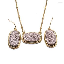 Necklace Earrings Set 11 Color Large Resin Druzy Drusy Pendant With Matching Hexagon Druse Charms Drop Gold Fashion Jewelry Gift