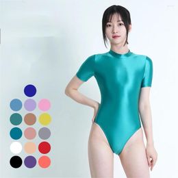 Women's Swimwear MJINM Tight Silky Smooth Glossy High Fork One Piece Swimsuit Female Neck Short Sleeve With Crotch