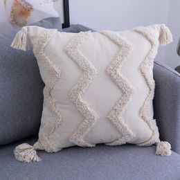 Cushion/Decorative Tassels Cushion Cover 45x45cm Beige Cover Handmade Geometric Square Home Decoration for Living Room Bed Room Zip Open