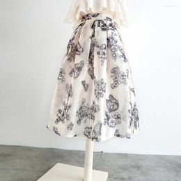 Skirts Summer Thin High Waist Floral Butterfly Print Organza A-Line Midi Women With Lining Zipper Medium-Length Ladies Clothes