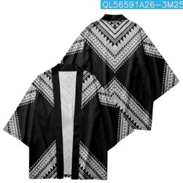 Ethnic Clothing Japanese Symmetry Geometry Patterns Print Black Kimono Traditional Men Women Yukata Cardigan Asian Cosplay Haori