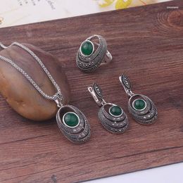 Necklace Earrings Set Sellsets Vintage Jewellry Antique Silver Colour Green Resin Ring And Pendant For Women Gifts