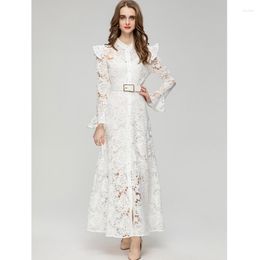 Casual Dresses Stand Collar Front Buttons Closure Flared Long Sleeve Floor Length White Crochet Dress