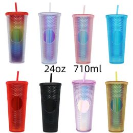 24oz Coffee Mugs Plastic Tumbler Corn Durian Cup Cold Water Cups Gift Mug 710ml Double Wall Water Bottle Cup With Straw