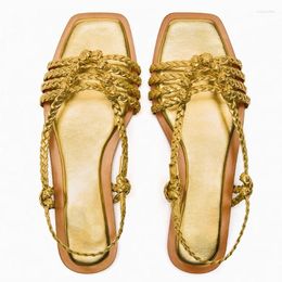 Sandals 2023 Summer Gladiator For Women Gold Weaving Flat Bohemia Style Open Toe Slip On Woman Shoes