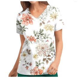 Women's T Shirts Floral Printed Short Sleeve V Neck Top Women Fashion Casual T-shirts Female Comfort Loose Pockets Tee Tops 2023