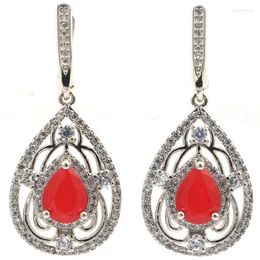 Dangle Earrings 40x17mm Stunning Real Red Rubies White CZ Women Wedding Silver Wholesale Drop