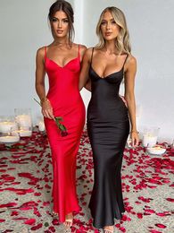 Casual Dresses TEMUSCOLA Spaghetti Strap Long Satin Dress Women Solid V Neck Backless Elegant Ruched Midi Sexy Summer Party Club Vestidos