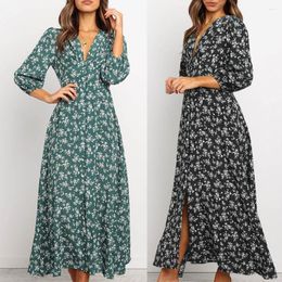 Casual Dresses Lantern Sleeve Dress Women 2023 Summer V-Neck Three Quarter Floral Print Open Fork Hem Long Korean Style Clothes