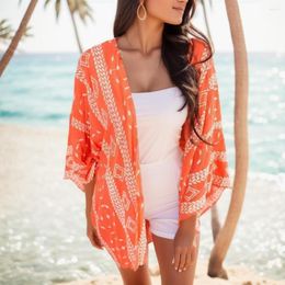 Women's Swimwear Women Summer Ethnic Style Long Flowy Kimono Cardigans Boho Chiffon Floral Beach Cover Up Tops Swimsuit Sleeve