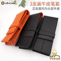 Bags Wancher Genuine Leather Fountain Pen Case Cowhide 3 Pens Holder Pouch Sleeve Pencil Bag Office Accessories