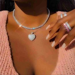 Pendant Necklaces 2021 Iced Out Bling Women Jewellery Micro Pave 5A Cz Cubic Zirconia Big Heart Pendant Tennis Chain Sparking Necklace Z230629