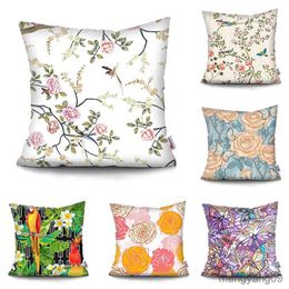 Cushion/Decorative 45X45CM Flowers Birds Series Living Room Sofa Car Office Waist Cushion Cover Room Bed Home Decoration R230629