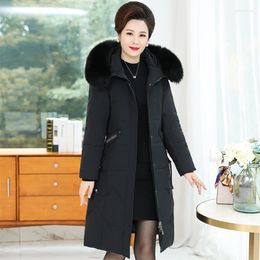 Women's Down Long Parkas Hooded With Fur Sleeve Ladies Slim White Jackets Embroidery Thick Warm Coats For Female Nice