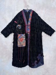 Women's Trench Coats Fall 2023 Ethnic Style Heavy Industry Jacquard Tassel Cotton Linen V-neck Loose Long Coat