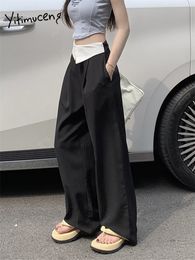 Yitimuceng Cuffs Asymmetrical Suits Pants Women 2023 Korean Fashion High Waisted Baggy Pants Casual Full Length Wide Leg