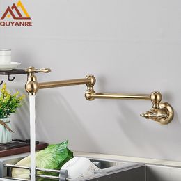 Bathroom Sink Faucets Brushed Gold Foldable Pot Filler Tap Wall Mounted Kitchen Faucet Single Cold Water Kitchen Tap Rotate Folding Spout For Kitchen 230628