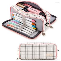 Double Side Open Grid Pencil Case Pink Large Capacity Canvas Pen Bag Storage Pouch For School Student Stationery Supplies