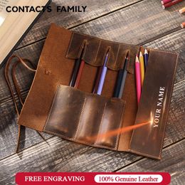 Bags Genuine Leather Retro Pencil Roll Up Bag Pencil Case Storage Pouch Holder Boys Girls Student Stationery School Supplies