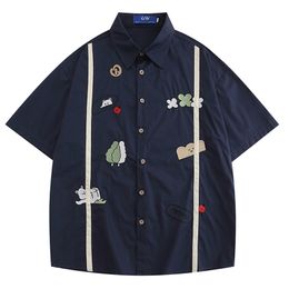 Men s Dress Shirts Retro Cartoon Fun Embroiderey Short Sleeve Mens Summer Casual Single Breasted Loose Lapel For Men Clothing 230629