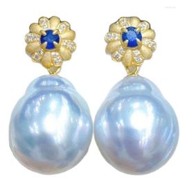 Stud Earrings Natural Sapphire Baroque White South Sea Pearl Pendant 925 Silver