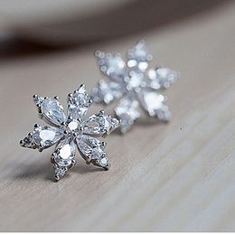 Cute Flower Stud Earrring AAAAA cz Real Silver Colour Bijou Statement Wedding Stud Earrings for women Bridal Party Jewellery
