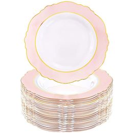 Disposable Dinnerware 20Pcs Disposable Dinner Plate Baroque Pink and Gold Plastic Plate Birthday Wedding Mother's Day Party Tableware Supplies 230628