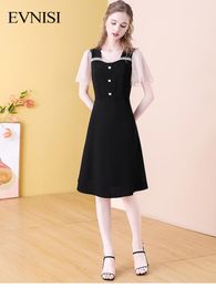 Dresses Evnisi Black Chiffon Elegant Dresses Women Summer 2022 New Fashion Mesh Patchwork Dress Vintage Button Aline Vestidos