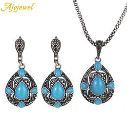 Wedding Jewellery Sets Ajojewel Blue Green Red Semiprecious Stone Vintage For Women Water Drop Shaped Necklace Earrings Ethnic 230627