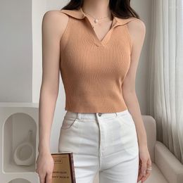 Women's Blouses Summer Sleeveless Knit Tank Tops Sweater Women Sexy Turn Down Collar Short Shirts Casual Off-the-shoulder Elegant Blouse