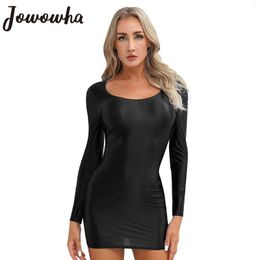 Casual Dresses Womens Glossy Bodycon Dress Long Sleeve Tight Pencil Mini Smooth Stretchy Shiny Nightwear Rave Party Cocktail Clubwear