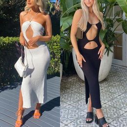 Casual Dresses Women Summer Sexy Halter Neck Backless Knitted Bodycon Midi Long Dress Solid Color Cut Out Side Split Beach Sundress