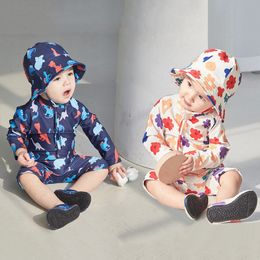 TwoPieces Children's Swimsuit with Sun Hat Boys and Girls Long Sleeve Swimwear Sunscreen Quick Dry Onepieces Toddler Beach Suits 230628